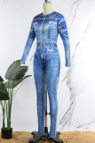 Blue Casual Print Basic O Neck Skinny Jumpsuits