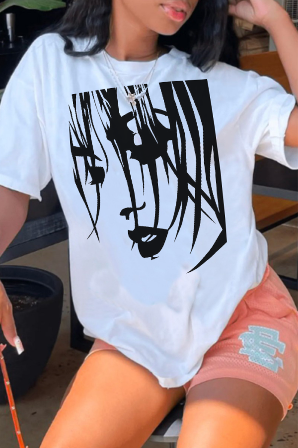 White Casual Daily Print Patchwork O Neck T-Shirts