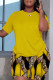 Yellow Casual Print Basic O Neck Short Sleeve Two Pieces