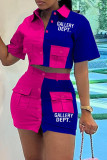 Blue Casual Letter Print Patchwork Contrast Shirt Collar Short Sleeve Two Pieces