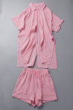 Pink Casual Solid Patchwork Shirt Collar Short Sleeve Two Pieces