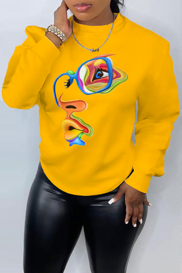 Yellow Street Daily Print Patchwork O Neck Tops