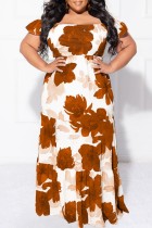 Coffee Casual Print Patchwork Off the Shoulder Long Dress Plus Size Dresses