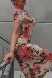 Pink Casual Print Bandage Patchwork Pencil Skirt Dresses