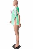 Blue Street Letter Print Tassel Slit V Neck T-Shirts