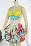 Colour Sexy Print Sequins Patchwork Flounce Spaghetti Strap Sleeveless Two Pieces