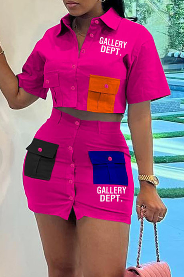 Rose Red Casual Letter Print Patchwork Shirt Collar Short Sleeve Two Pieces