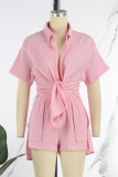 Pink Casual Solid Patchwork Shirt Collar Short Sleeve Two Pieces