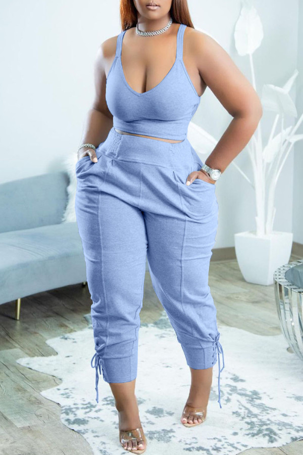 Light Blue Casual Sportswear Simplicity Solid Bandage Vests Spaghetti Strap Sleeveless Two Pieces