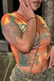 Orange Sexy Street Print Patchwork Metal Accessories Decoration O Neck T-Shirts