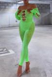 Green Sexy Casual Solid Pierced Mesh Off the Shoulder Skinny Jumpsuits