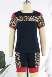Yellow Casual Print Leopard Patchwork O Neck Short Sleeve Two Pieces