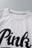 Pink Casual Letter Print Basic O Neck Short Sleeve Two Pieces