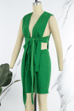Green Sexy Solid Bandage Patchwork Asymmetrical Cardigan Collar Sleeveless Two Pieces