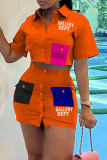 Blue Casual Letter Print Patchwork Shirt Collar Short Sleeve Two Pieces