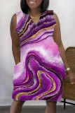 Rose Purple Casual Print Patchwork V Neck Sleeveless Dress Dresses