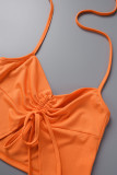 Rose Red Sexy Solid Draw String Frenulum Backless Halter Sleeveless Two Pieces