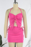 Rose Red Sexy Solid Draw String Frenulum Backless Halter Sleeveless Two Pieces