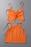 Rose Red Sexy Solid Draw String Frenulum Backless Halter Sleeveless Two Pieces
