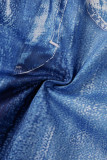 Blue Casual Print Basic O Neck Skinny Jumpsuits