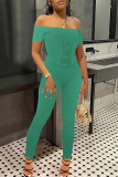 Green Casual Solid Backless Off the Shoulder Skinny Jumpsuits