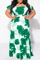 Green Casual Print Patchwork Off the Shoulder Long Dress Plus Size Dresses