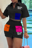 Blue Casual Letter Print Patchwork Shirt Collar Short Sleeve Two Pieces