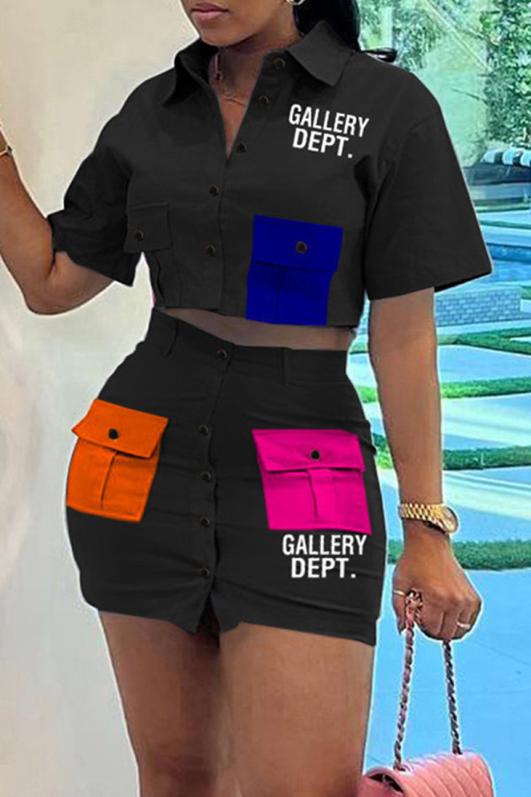 Black Casual Letter Print Patchwork Shirt Collar Short Sleeve Two Pieces