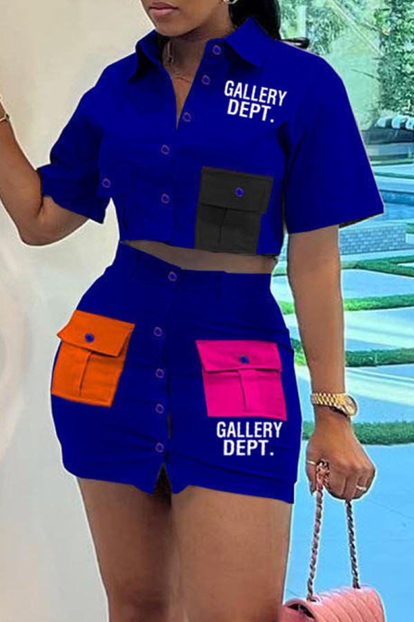 Blue Casual Letter Print Patchwork Shirt Collar Short Sleeve Two Pieces
