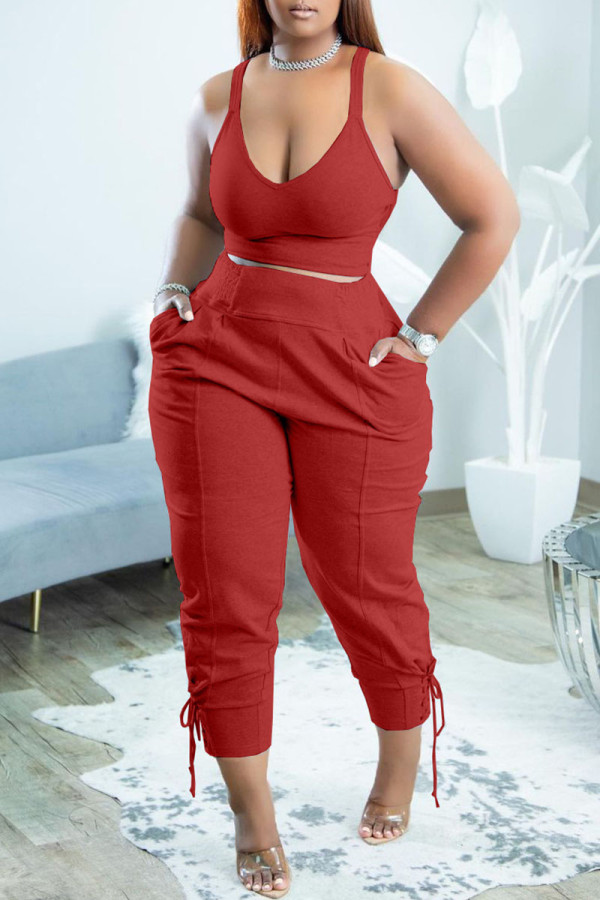 Red Casual Sportswear Simplicity Solid Bandage Vests Spaghetti Strap Sleeveless Two Pieces