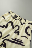 Apricot Casual Print Patchwork Buckle Turndown Collar Short Sleeve Three Pieces