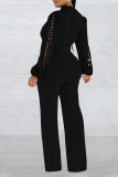 Red Casual Solid Hollowed Out Patchwork With Belt O Neck Straight Jumpsuits(With A Belt)