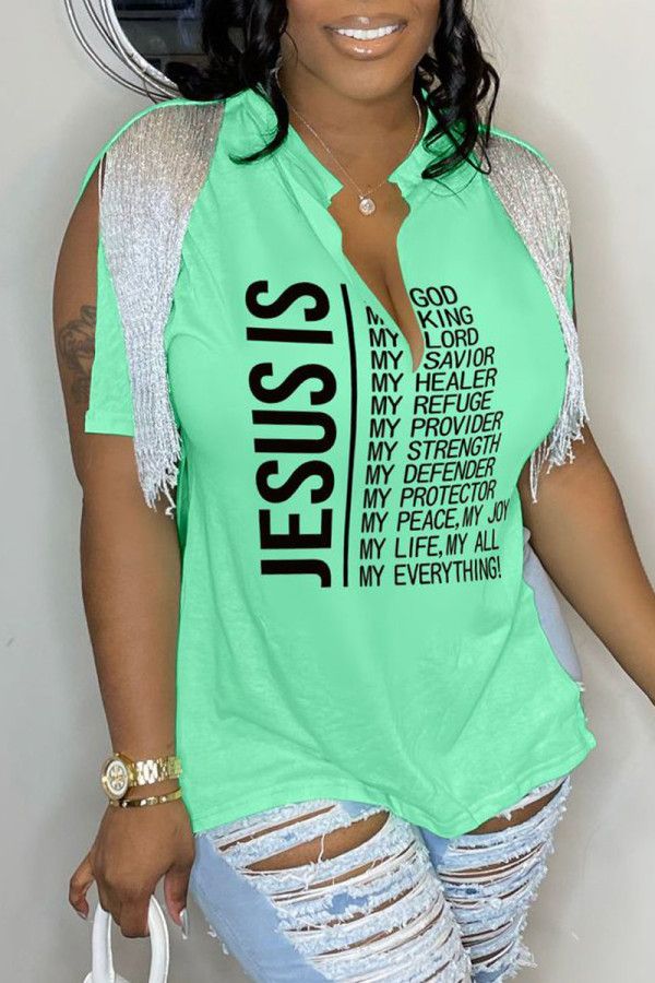 Light Green Casual Letter Print Tassel Patchwork V Neck T-Shirts