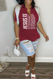 Grey Casual Letter Print Tassel Patchwork V Neck T-Shirts