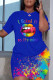 Colorful Blue Casual Print Basic O Neck Short Sleeve Two Pieces