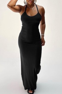 Black Sexy Casual Solid Backless Spaghetti Strap Long Dress Dresses