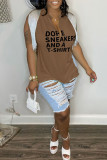 Coffee Casual Letter Print Tassel Patchwork V Neck T-Shirts