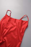 Red Sexy Solid Patchwork High Opening Spaghetti Strap Sling Dress Dresses