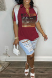 Coffee Casual Letter Print Tassel Patchwork V Neck T-Shirts