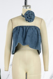 Blue Sexy Solid Patchwork Strapless Tops