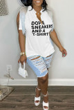 Coffee Casual Letter Print Tassel Patchwork V Neck T-Shirts