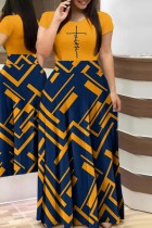 Yellow Casual Print Patchwork O Neck Short Sleeve Dress Plus Size Dresses