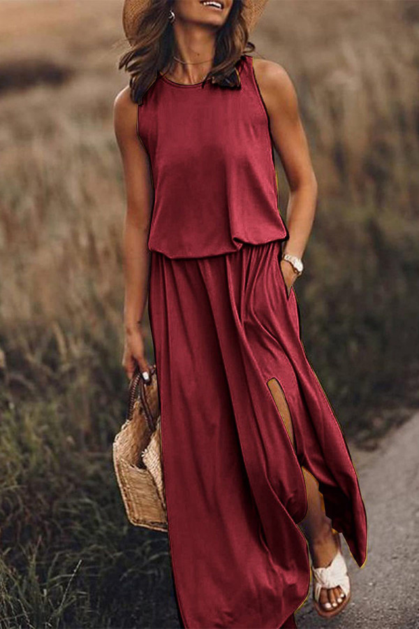 Purplish Red Work Elegant Solid Slit O Neck A Line Dresses