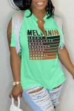 Coffee Casual Letter Print Tassel Patchwork V Neck T-Shirts