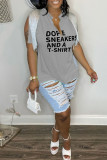 Coffee Casual Letter Print Tassel Patchwork V Neck T-Shirts