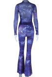 Deep Blue Sexy Street Print Patchwork O Neck Long Sleeve Two Pieces