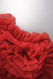 Red Elegant Solid Patchwork Appliques O Neck Tops