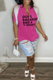 Coffee Casual Letter Print Tassel Patchwork V Neck T-Shirts