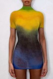 Rose Red Casual Gradual Change Print Half A Turtleneck Short Sleeve Dress