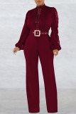 Red Casual Solid Hollowed Out Patchwork With Belt O Neck Straight Jumpsuits(With A Belt)